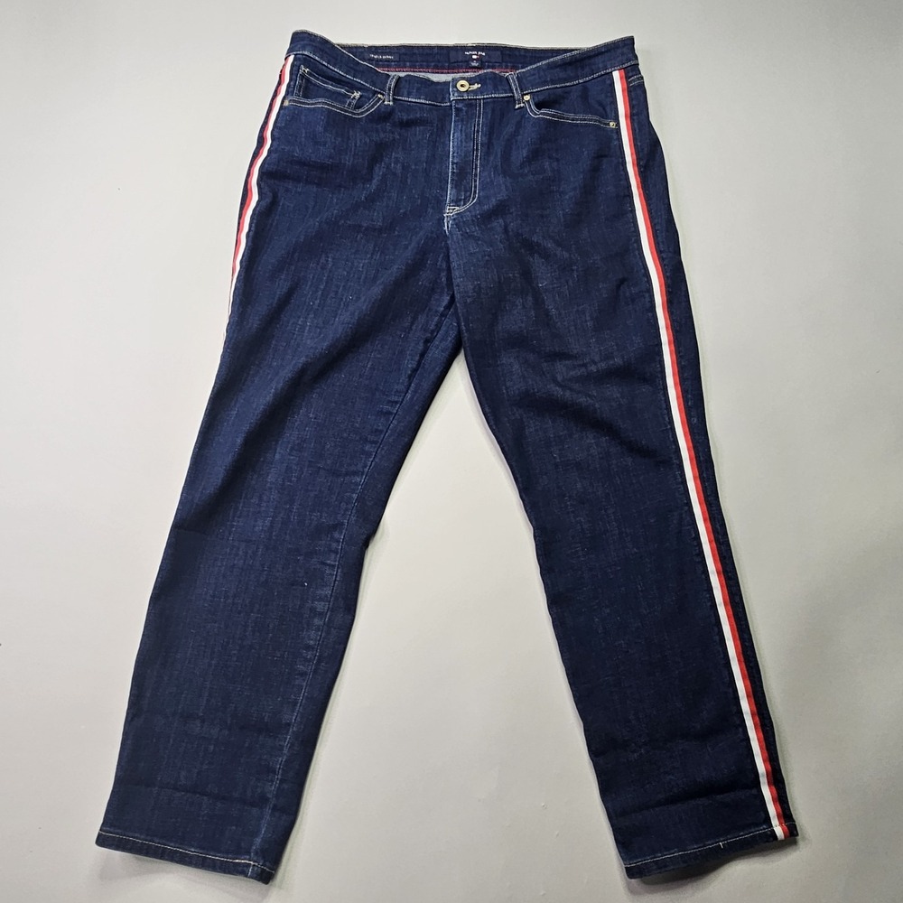Hilfiger Jeans Tribeca Skinny Women 16 Dark Blue Stripe Flag Logo Denim Pants